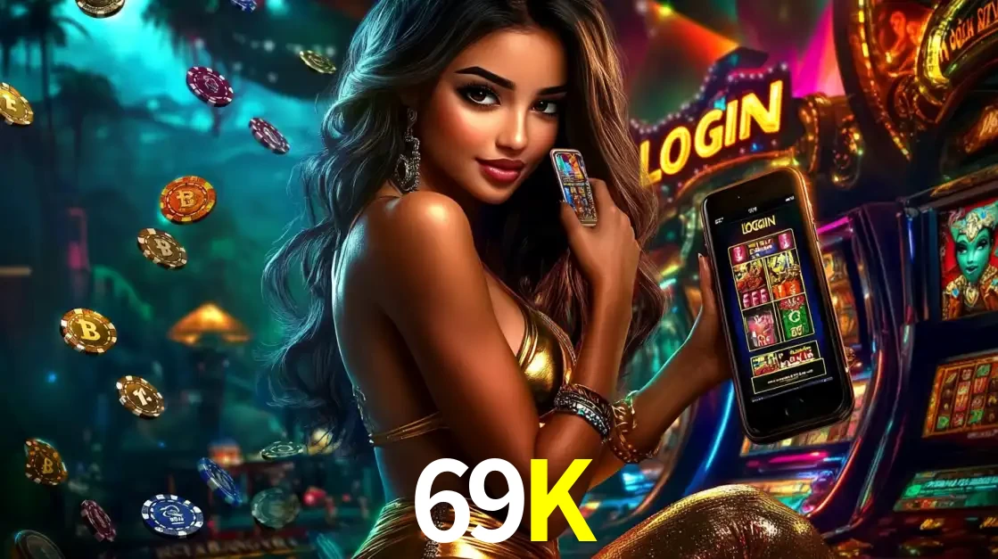 Mulher em um cenário de cassino temático de aventura, mostrando o app de caça-níqueis da 69K no celular. Fichas de apostas flutuam ao redor.