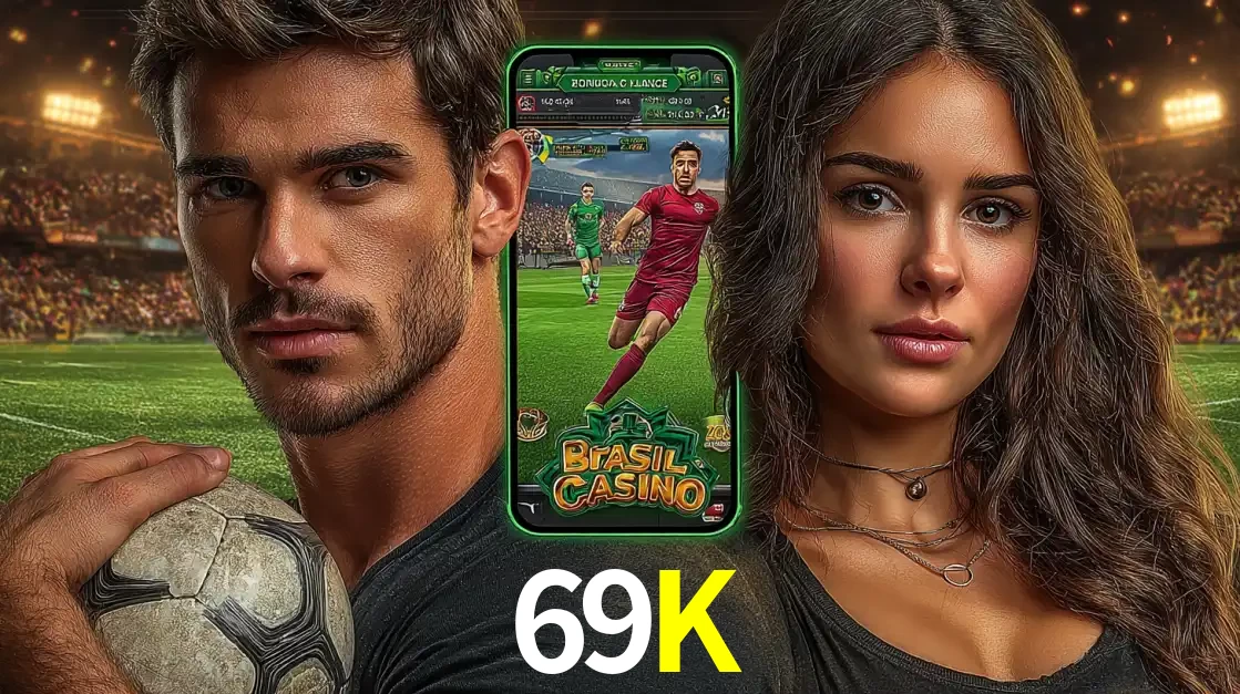 Homem segurando uma bola de futebol e uma mulher ao lado de um smartphone exibindo o jogo de apostas esportivas da 69K. Faça seu palpite no cassino online.